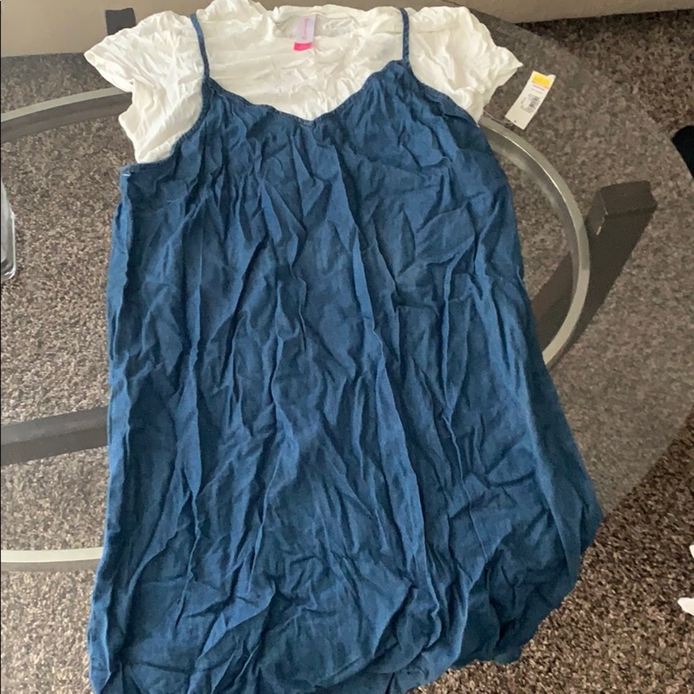 Denim dress with white shirt